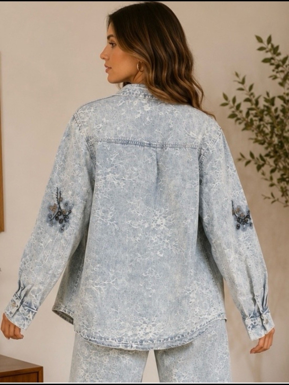 Light Blue Floral Embroidered-Lace detail Denim Shaket And Pant Set - Women-SM - Picture 2 of 16